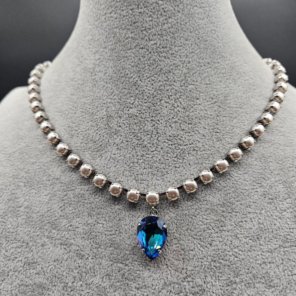 Rebekah Price Silver Pearl & Blue Teardrop Necklace